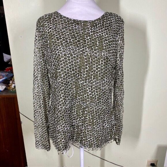 Chico's Womens Sz 1 Green Polka Dot Tiered Semi-Sheer Blouse Peasant Fairy Boho - Picture 1 of 11